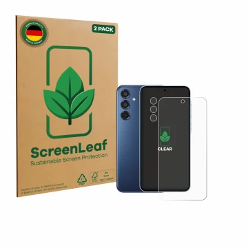 Front side of a product packaging with the brand logo ScreenLeaf. Next to it is the device Samsung Galaxy M35 (Front+Camera) s