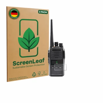 Front side of a product packaging with the brand logo ScreenLeaf. Next to it is the device Midland G18 Pro PMR shown with the 