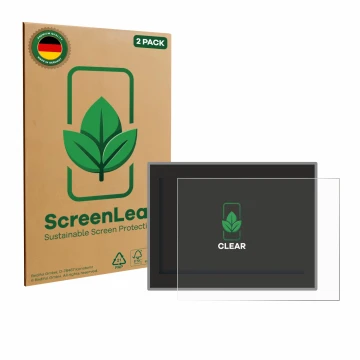 Front side of a product packaging with the brand logo ScreenLeaf. Next to it is the device Jeep Compass Longitud (2018) shown 