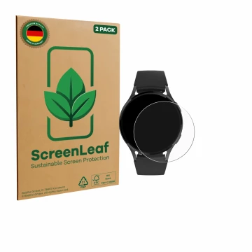 Front side of a product packaging with the brand logo ScreenLeaf. Next to it is the device Levowatch EDGY shown with the corre