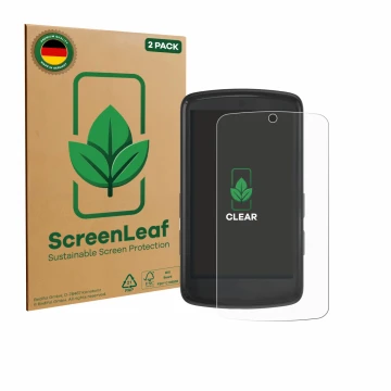 Front side of a product packaging with the brand logo ScreenLeaf. Next to it is the device Bryton Rider S810 shown with the co