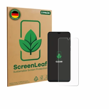 Front side of a product packaging with the brand logo ScreenLeaf. Next to it is the device ZTE Nubia Neo shown with the corres