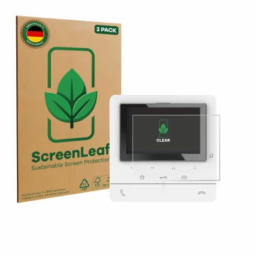 Front side of a product packaging with the brand logo ScreenLeaf. Next to it is the device Biticino 344672 shown with the corr