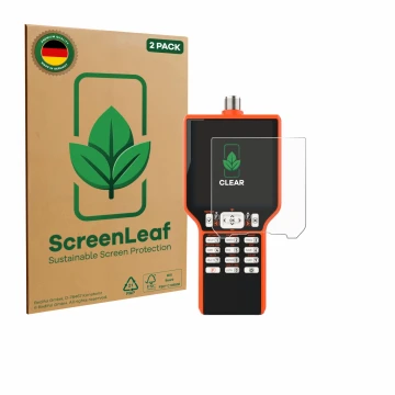 Front side of a product packaging with the brand logo ScreenLeaf. Next to it is the device RigExpert MATCH shown with the corr