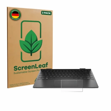 Front side of a product packaging with the brand logo ScreenLeaf. Next to it is the device HP Envy x360 (13-X) (ONLY Touch Tra