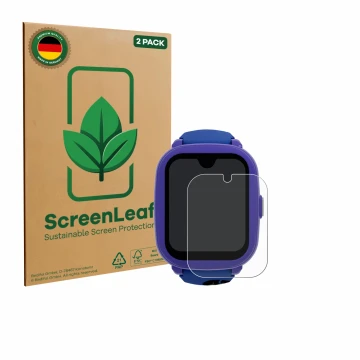 Front side of a product packaging with the brand logo ScreenLeaf. Next to it is the device SaveFamily Iconic Plus 2 4G shown w