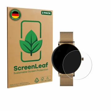 Front side of a product packaging with the brand logo ScreenLeaf. Next to it is the device ZenWatch Venice Pro shown with the 