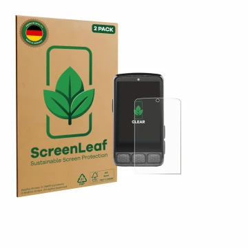 Front side of a product packaging with the brand logo ScreenLeaf. Next to it is the device Wahoo Elemnt Roam V3 shown with the