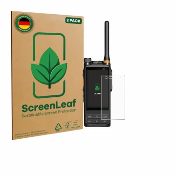 Front side of a product packaging with the brand logo ScreenLeaf. Next to it is the device Hytera PDC680 shown with the corres