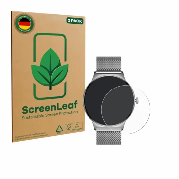 Front side of a product packaging with the brand logo ScreenLeaf. Next to it is the device Pireware Slim Smartwatch shown with