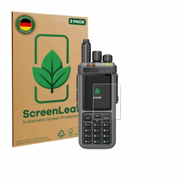Front side of a product packaging with the brand logo ScreenLeaf. Next to it is the device Radtel RT-880 shown with the corres
