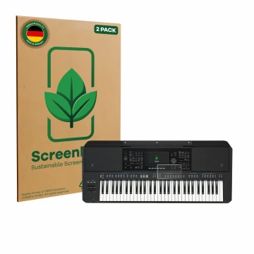 Front side of a product packaging with the brand logo ScreenLeaf. Next to it is the device Yamaha PSR-SX720 shown with the cor