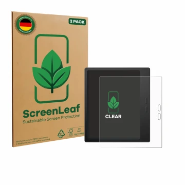 Front side of a product packaging with the brand logo ScreenLeaf. Next to it is the device Boox Go 7 shown with the correspond