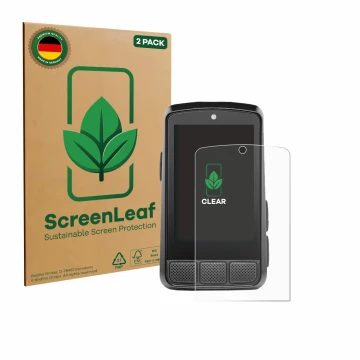 Front side of a product packaging with the brand logo ScreenLeaf. Next to it is the device Wahoo Elemnt Bolt 3 shown with the 