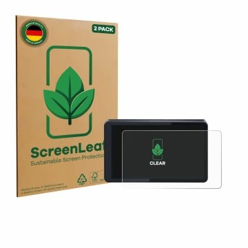 Front side of a product packaging with the brand logo ScreenLeaf. Next to it is the device CARabc DB601 shown with the corresp