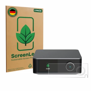 Front side of a product packaging with the brand logo ScreenLeaf. Next to it is the device WiiM Ultra shown with the correspon