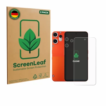 Front side of a product packaging with the brand logo ScreenLeaf. Next to it is the device Nothing CMF Phone 2 Pro (Front+Came