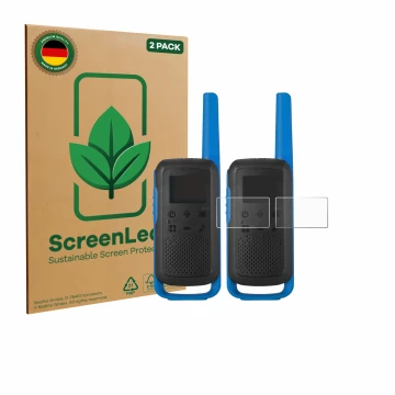 Front side of a product packaging with the brand logo ScreenLeaf. Next to it is the device Motorola TALKABOUT T62 shown with t