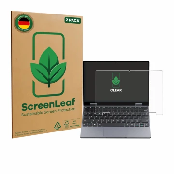Front side of a product packaging with the brand logo ScreenLeaf. Next to it is the device Chuwi MiniBook X N150 shown with th