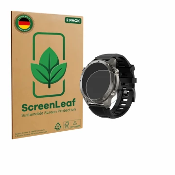 Front side of a product packaging with the brand logo ScreenLeaf. Next to it is the device Knauermann GPS 4 (2025) shown with 