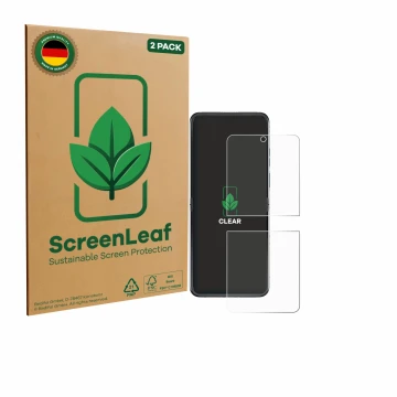 Front side of a product packaging with the brand logo ScreenLeaf. Next to it is the device Motorola Razr 60 shown with the cor