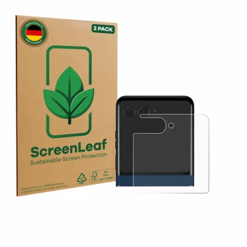 Front side of a product packaging with the brand logo ScreenLeaf. Next to it is the device Motorola Razr 60 (Back display) sho
