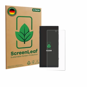 Front side of a product packaging with the brand logo ScreenLeaf. Next to it is the device ZTE Nubia Z70S Ultra shown with the