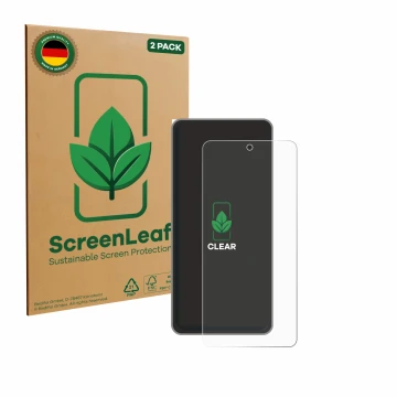 Front side of a product packaging with the brand logo ScreenLeaf. Next to it is the device realme GT 7T shown with the corresp