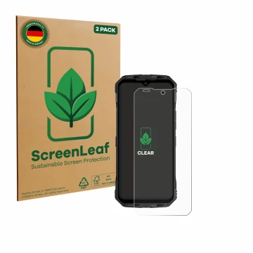 Front side of a product packaging with the brand logo ScreenLeaf. Next to it is the device Doogee V Max S shown with the corre