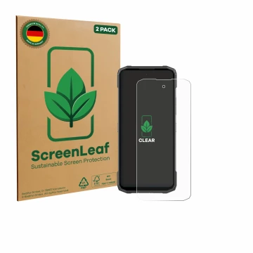 Front side of a product packaging with the brand logo ScreenLeaf. Next to it is the device Doogee Blade 20 Turbo shown with th
