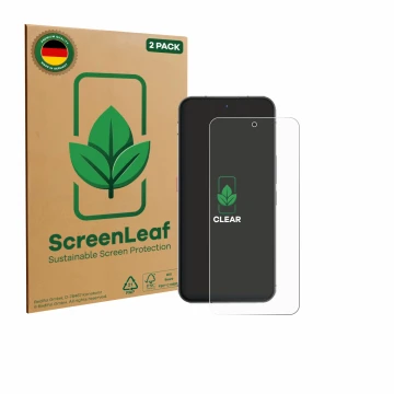 Front side of a product packaging with the brand logo ScreenLeaf. Next to it is the device Oukitel WP200 Pro shown with the co