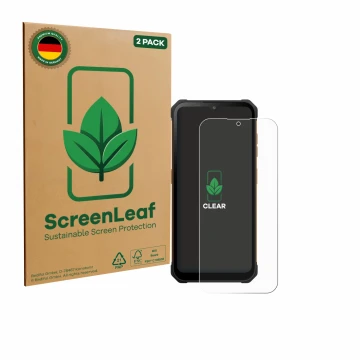 Front side of a product packaging with the brand logo ScreenLeaf. Next to it is the device Hammer Iron Va shown with the corre