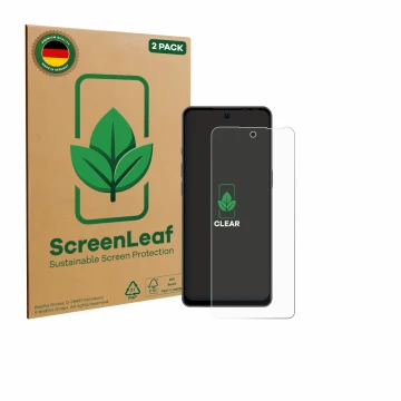 Front side of a product packaging with the brand logo ScreenLeaf. Next to it is the device Ulefone Note 18 Pro shown with the 