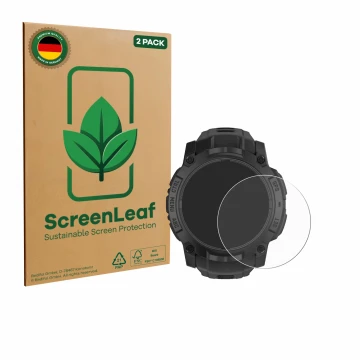 Front side of a product packaging with the brand logo ScreenLeaf. Next to it is the device Garmin Instinct 3 Solar Tactical Ed