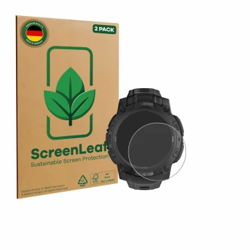 Front side of a product packaging with the brand logo ScreenLeaf. Next to it is the device Garmin Instinct 3 Solar Tactical Ed