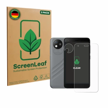 Front side of a product packaging with the brand logo ScreenLeaf. Next to it is the device ZTE Blade A35 lite (Front+Camera) s