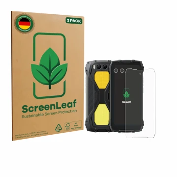 Front side of a product packaging with the brand logo ScreenLeaf. Next to it is the device Blackview BV7300 (Front+Camera) sho