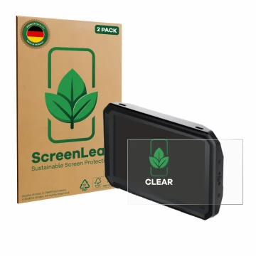 Front side of a product packaging with the brand logo ScreenLeaf. Next to it is the device Blackmagic Design Pyxis Monitor 5