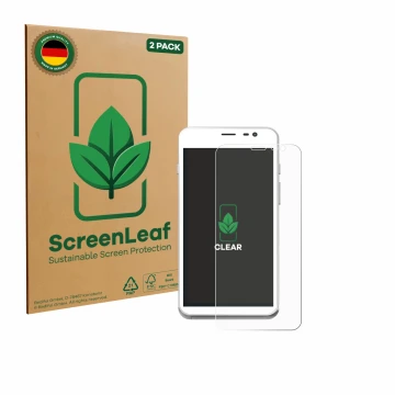 Front side of a product packaging with the brand logo ScreenLeaf. Next to it is the device Pax CCV Fly A77 shown with the corr