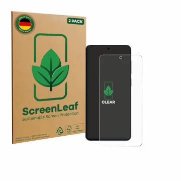 Front side of a product packaging with the brand logo ScreenLeaf. Next to it is the device Samsung Galaxy S25 Edge shown with 