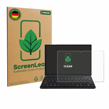 Front side of a product packaging with the brand logo ScreenLeaf. Next to it is the device DEERTiME E6 10.1