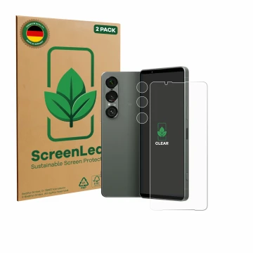 Front side of a product packaging with the brand logo ScreenLeaf. Next to it is the device Sony Xperia 1 VII (Front+Camera) sh