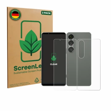 Front side of a product packaging with the brand logo ScreenLeaf. Next to it is the device Sony Xperia 1 VII (Front+Back) show