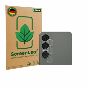Front side of a product packaging with the brand logo ScreenLeaf. Next to it is the device Sony Xperia 1 VII (ONLY Camera Lens