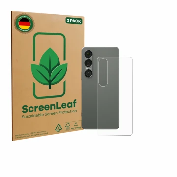 Front side of a product packaging with the brand logo ScreenLeaf. Next to it is the device Sony Xperia 1 VII (Back) shown with