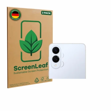 Front side of a product packaging with the brand logo ScreenLeaf. Next to it is the device Samsung Galaxy S25 Edge (ONLY Camer