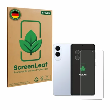 Front side of a product packaging with the brand logo ScreenLeaf. Next to it is the device Samsung Galaxy S25 Edge (Front+Came