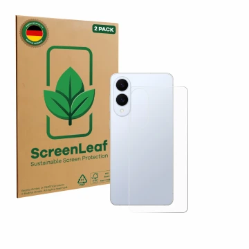 Front side of a product packaging with the brand logo ScreenLeaf. Next to it is the device Samsung Galaxy S25 Edge (Back) show
