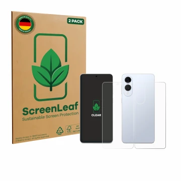 Front side of a product packaging with the brand logo ScreenLeaf. Next to it is the device Samsung Galaxy S25 Edge (Front+Back