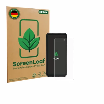 Front side of a product packaging with the brand logo ScreenLeaf. Next to it is the device Ulefone Armor 28 Pro shown with the